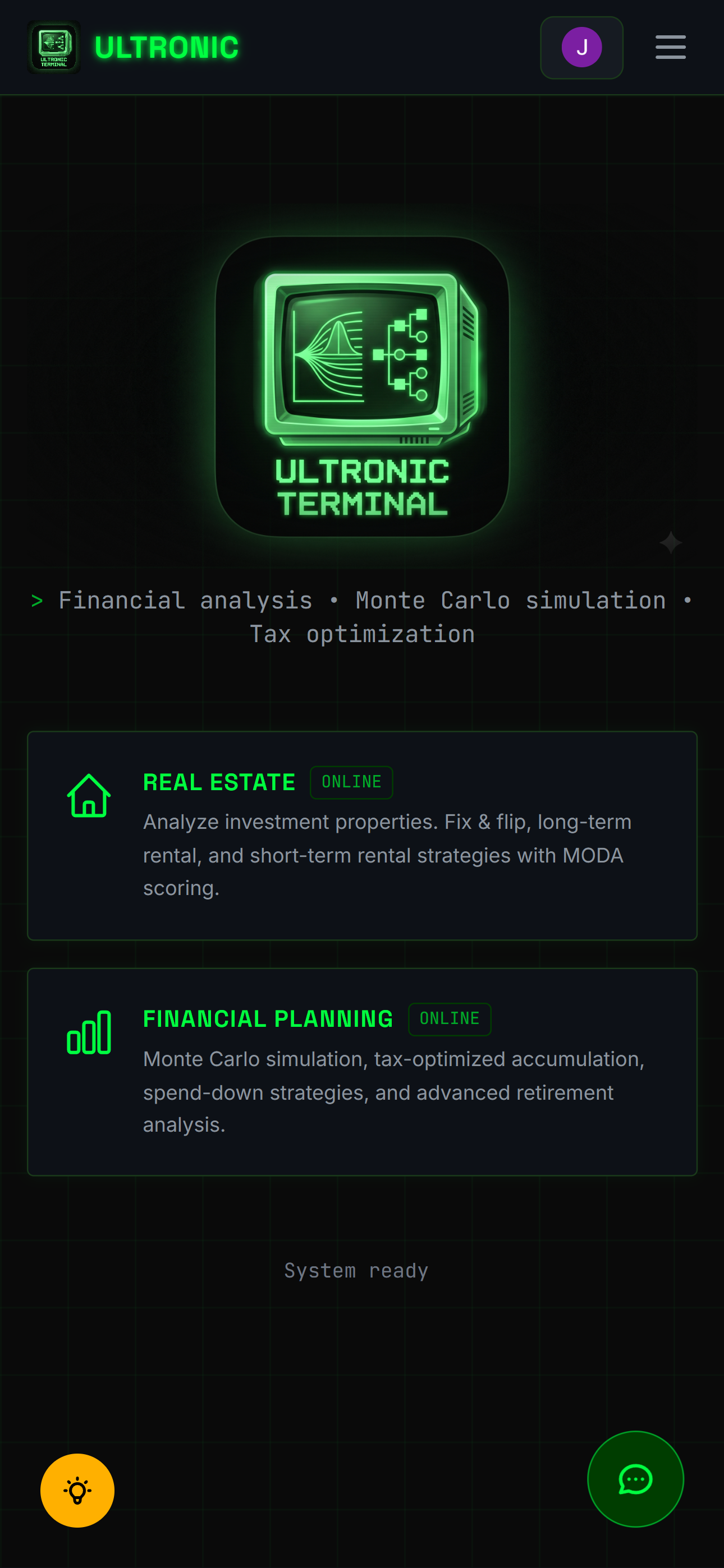 Ultronic Terminal — Financial analysis, Monte Carlo simulation, and tax optimization