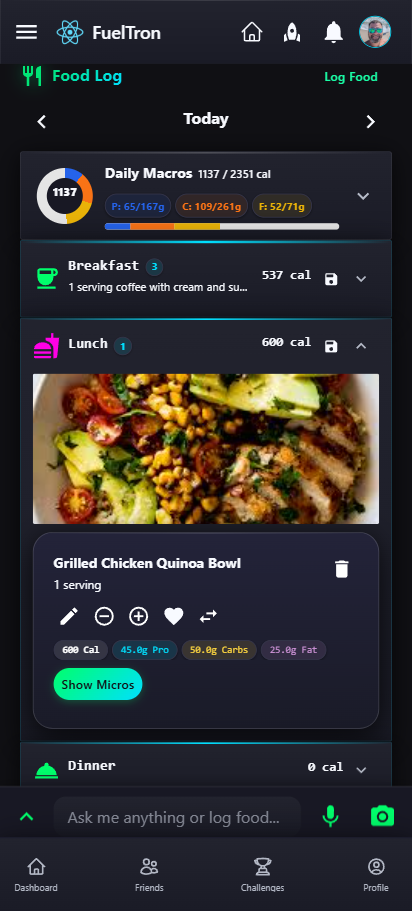 FuelTron Food Log screen