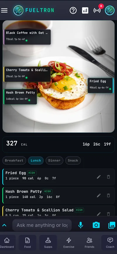 FuelTron photo log of a breakfast plate: fried egg, hash brown patty, and cherry tomatoes, 327 calories with each item broken out