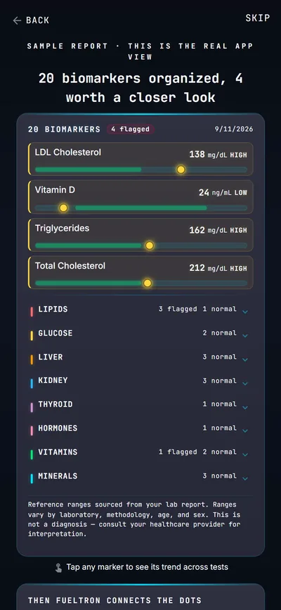 FuelTron lab report results: 20 biomarkers organized by group, with LDL, vitamin D, triglycerides, and total cholesterol flagged for a closer look