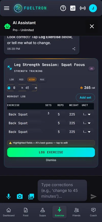 FuelTron chat with a pending leg strength workout card listing squat sets, ready to confirm