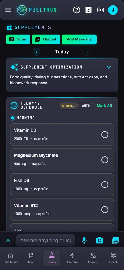 FuelTron supplement schedule with Vitamin D3, magnesium, fish oil, and B12 pending for today