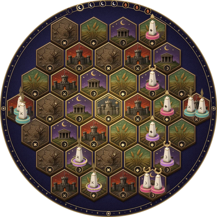 The board from above: painted Field, Shrine, Garrison and Waste tiles in three rings around the gilded Keep, with pieces from three players