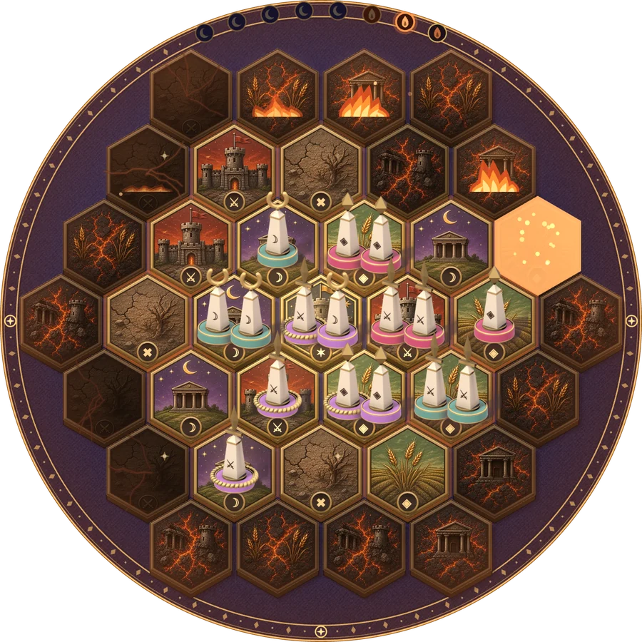 The board in season 7: the outer ring burning or burned to charred tiles, the pieces crowded into the middle and inner rings