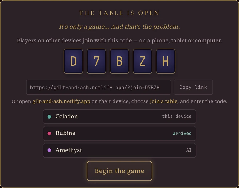 The host's screen: The table is open, with a five-letter join code, a copyable invite link, and the seats listed as this device, arrived and AI