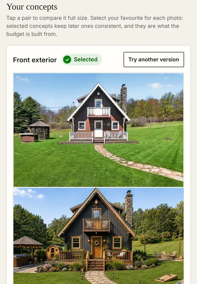 Root Logic concepts screen: a chalet listing photo above an illustrative renovation concept