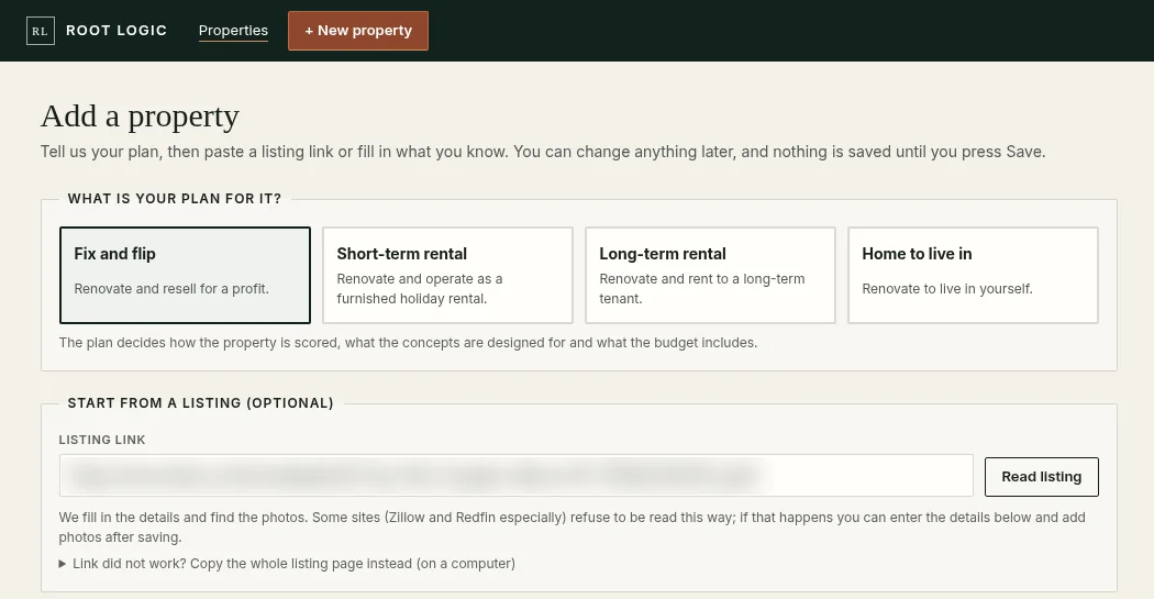 Add a property: four plan cards, then Start from a listing with a listing link field, a Read listing button and the option to copy the whole listing page instead