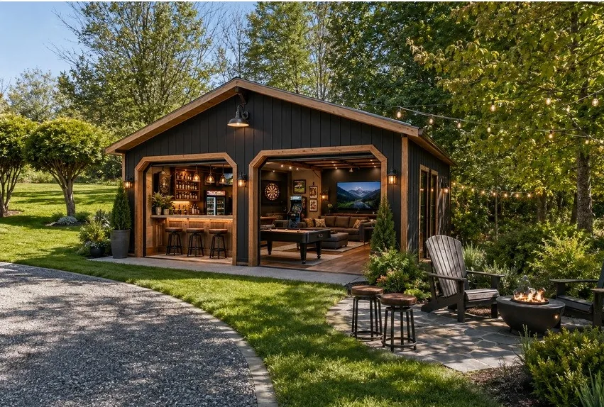 Illustrative concept: the garage as a game barn with open bays, a bar, a pool table and a lounge, with a fire pit and chairs outside