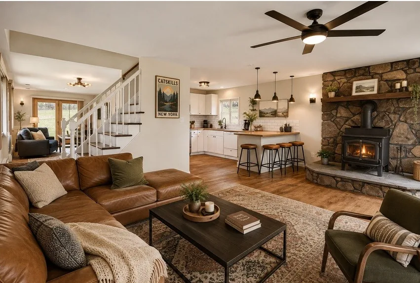 Illustrative concept: an open living room and kitchen with a leather sofa, white cabinets, a wood counter with stools and a stone wood-stove wall