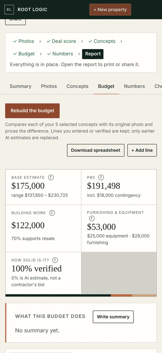 Budget tab on a phone with the same estimate figures