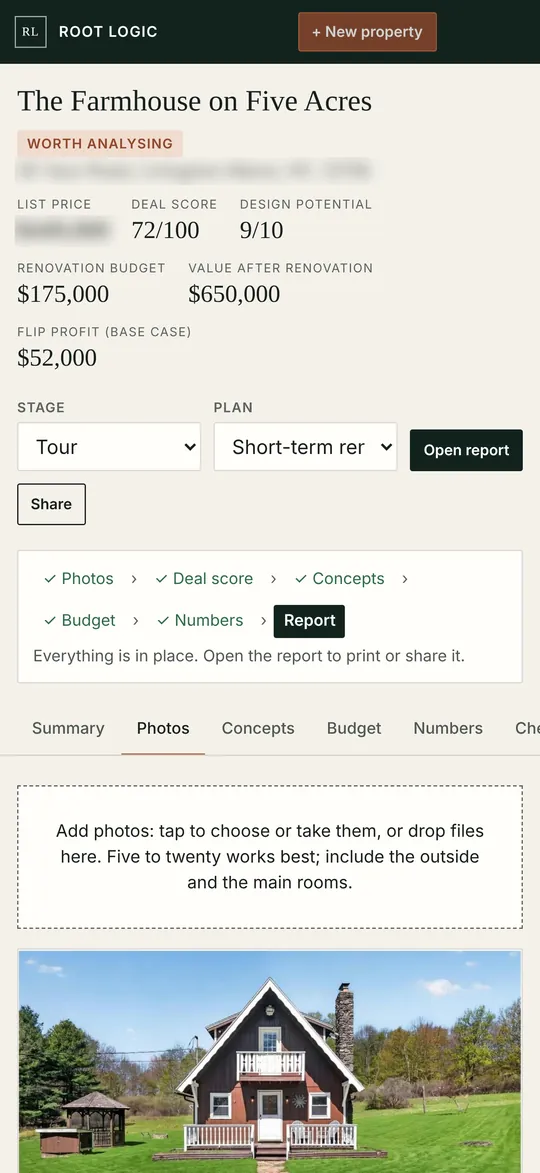 The property on a phone, address and list price hidden: deal score, design potential, renovation budget, then the Photos tab with the front exterior photo