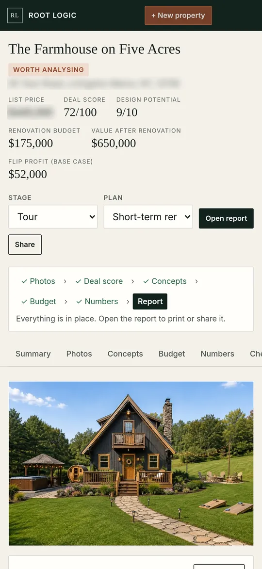 Summary on a phone, address and list price hidden: deal score, design potential, renovation budget and value after renovation
