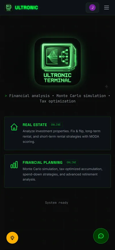 Ultronic Terminal home screen with real estate and financial planning modules